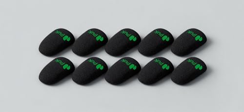 Ten PuK gaming thumb sleeves laid flat showing green PuK logo