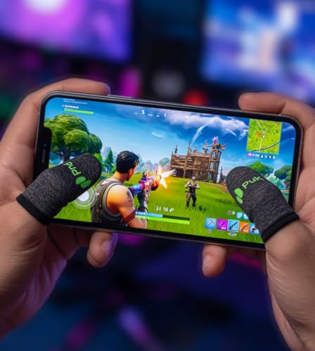 Hands wearing PuK Thumb Sleeves playing a mobile game in landscape mode