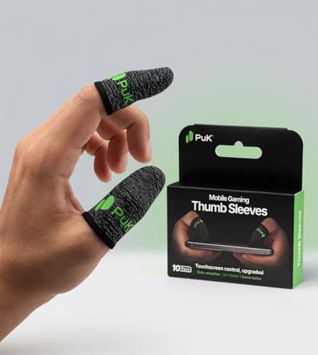 PuK Mobile Gaming Thumb Sleeves worn on thumb and finger next to retail box