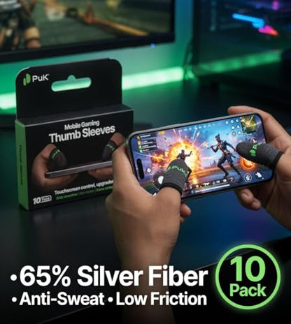 PuK Thumb Sleeves 10-pack retail box on gaming desk - 65% silver fiber, anti-sweat, low friction