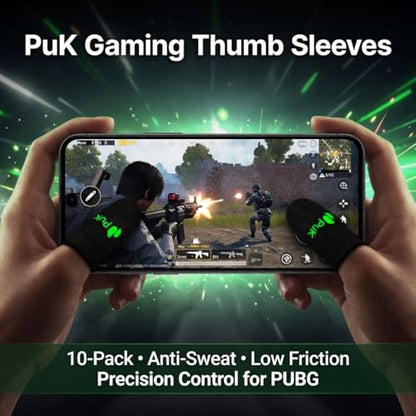 PuK Gaming Thumb Sleeves in use during mobile shooter gameplay - 10-pack, anti-sweat, low friction