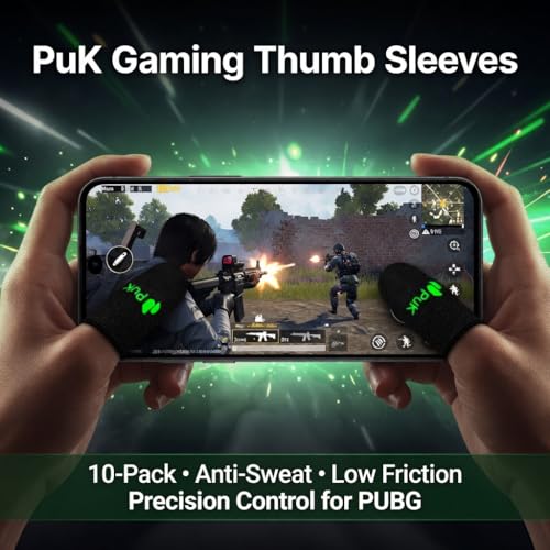 PuK Gaming Thumb Sleeves in use during mobile shooter gameplay - 10-pack, anti-sweat, low friction
