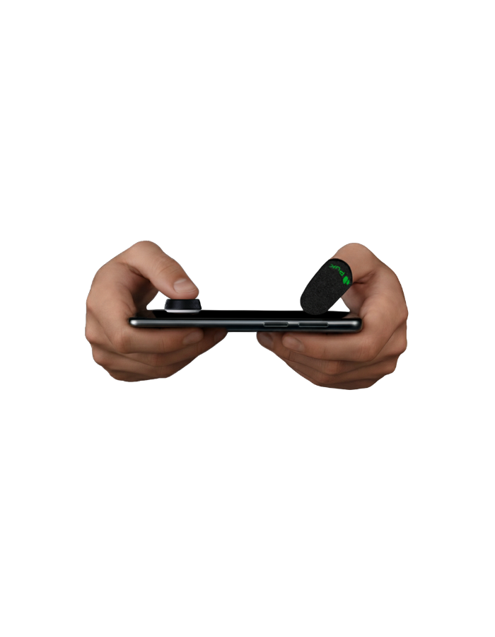 Hands holding a black gaming controller on a white background