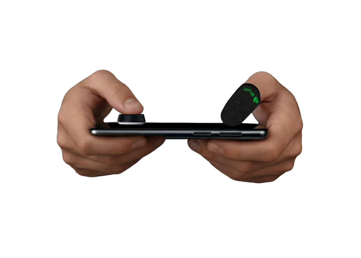 Hands holding a smartphone with a gaming controller attachment on a white background