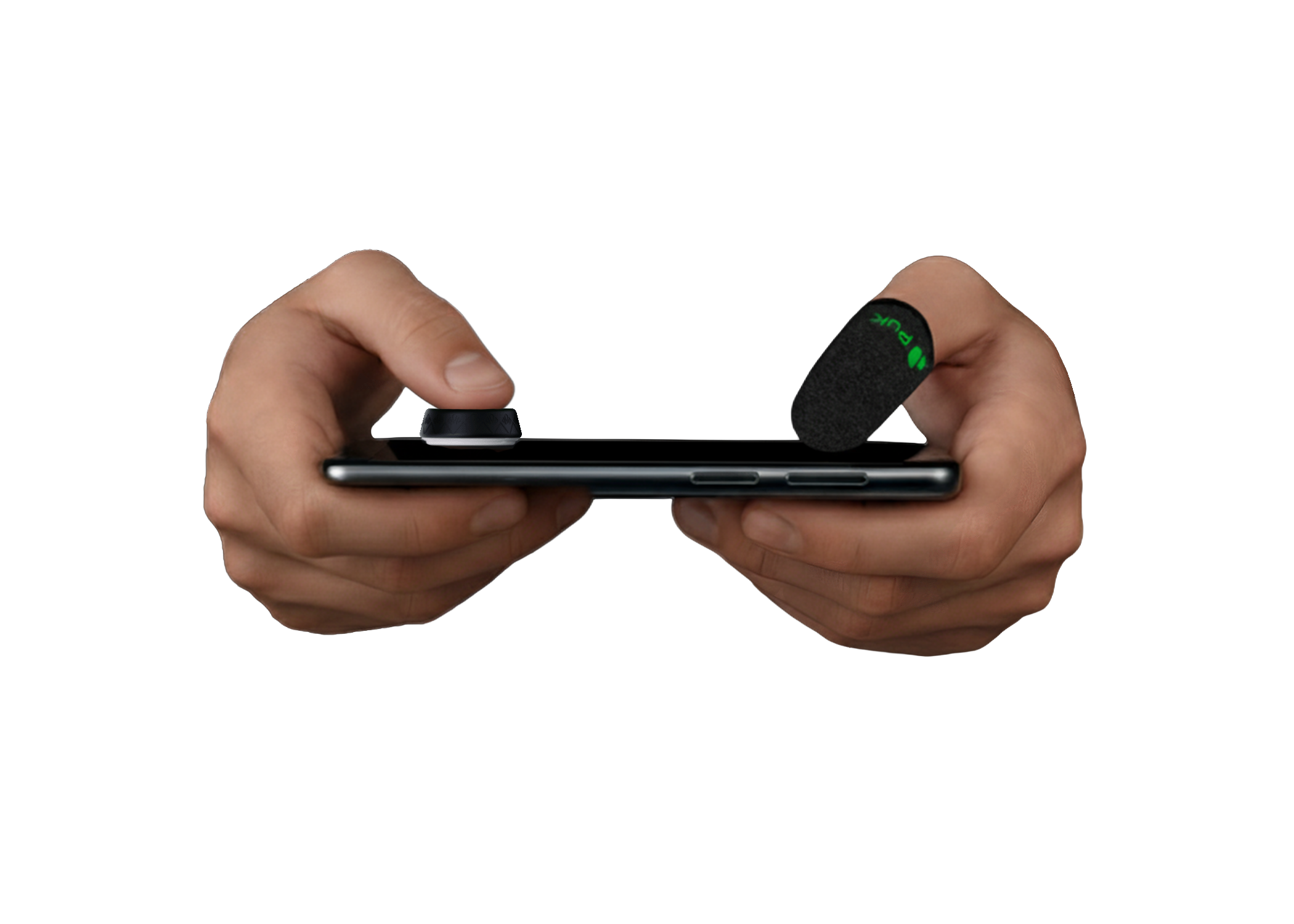 Hands holding a smartphone with a gaming controller attachment on a white background